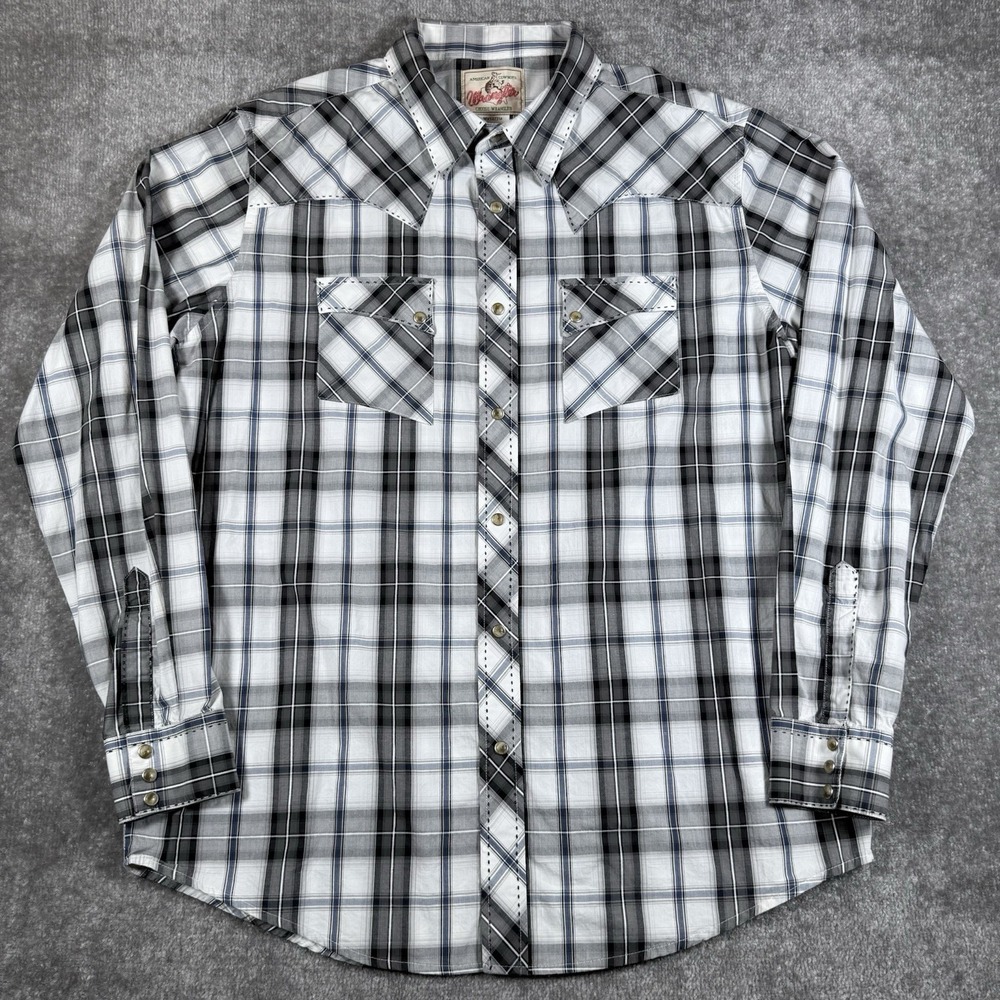 Wrangler Shirt Men's XLT Gray Plaid Pearl Snap Long Sleeve Western Cowboy‎
